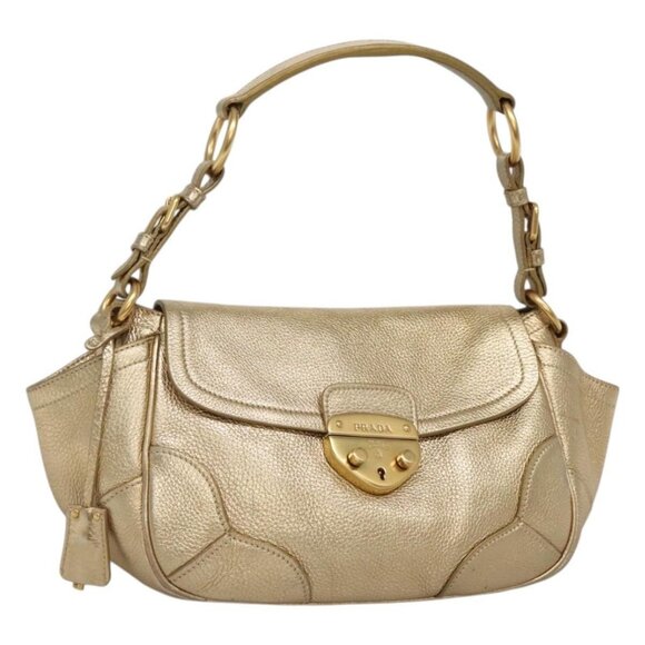 PRADA Shoulder Bag Leather Gold Tone Auth - Picture 1 of 16
